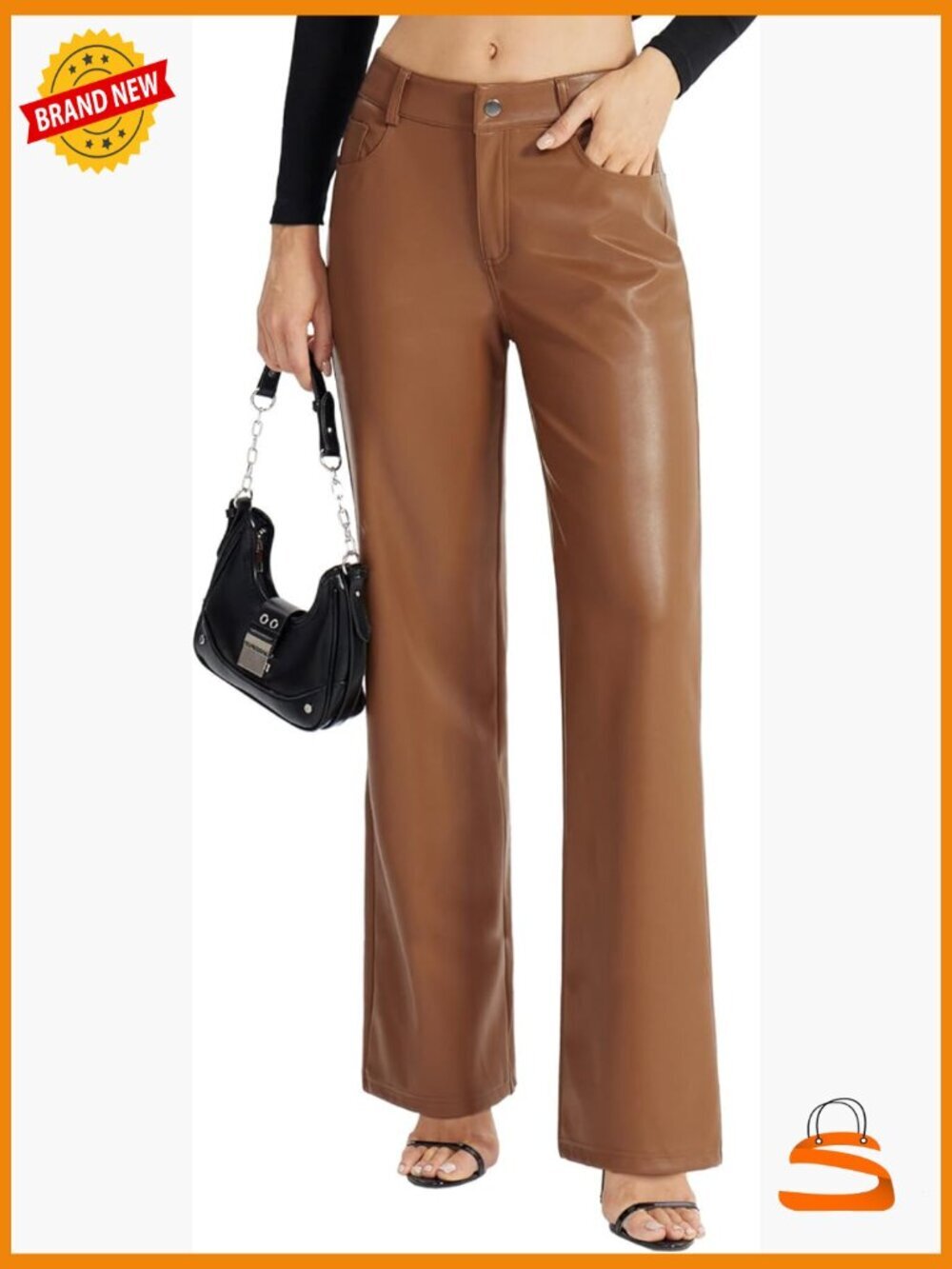Faux Leather PU Straight Wide Leg Pants with Pockets